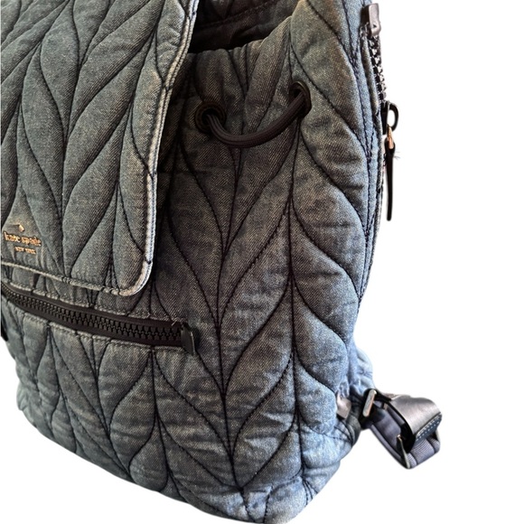 Kate Spade New York Ellie Blue Denim Flap Quilted Nylon Backpack Pockets Cinched - Picture 5 of 13
